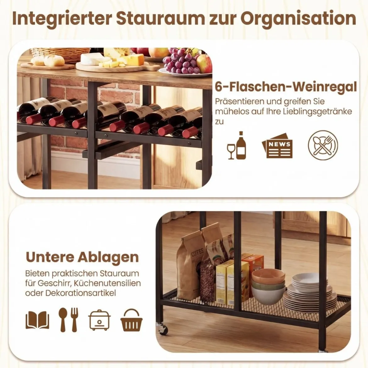 3 tlg. Ausziehbares Esstisch-SetKlappbarer Küchentisch auf Rollen mit 2 Stühlen & Weinregal