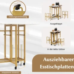 3 tlg. Ausziehbares Esstisch-SetKlappbarer Küchentisch auf Rollen mit 2 Stühlen & Weinregal