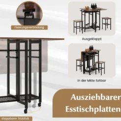 3 tlg. Ausziehbares Esstisch-SetKlappbarer Küchentisch auf Rollen mit 2 Stühlen & Weinregal