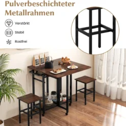 3 tlg. Ausziehbares Esstisch-SetKlappbarer Küchentisch auf Rollen mit 2 Stühlen & Weinregal