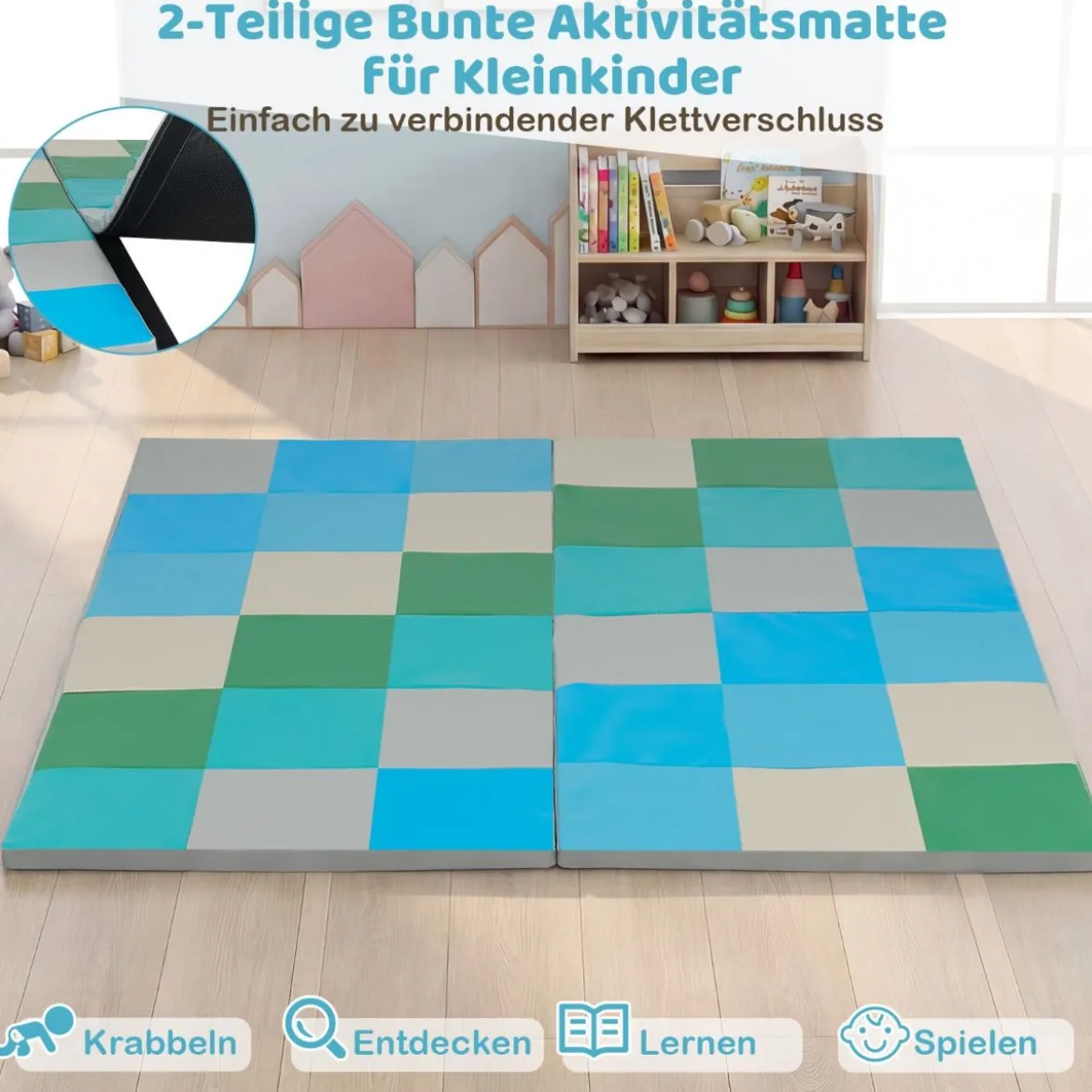 2 tlg. Baby Faltbare Krabblematte mit Kletterverschluss & Kunstleder Bodenmatte & Schaumstoff Blau