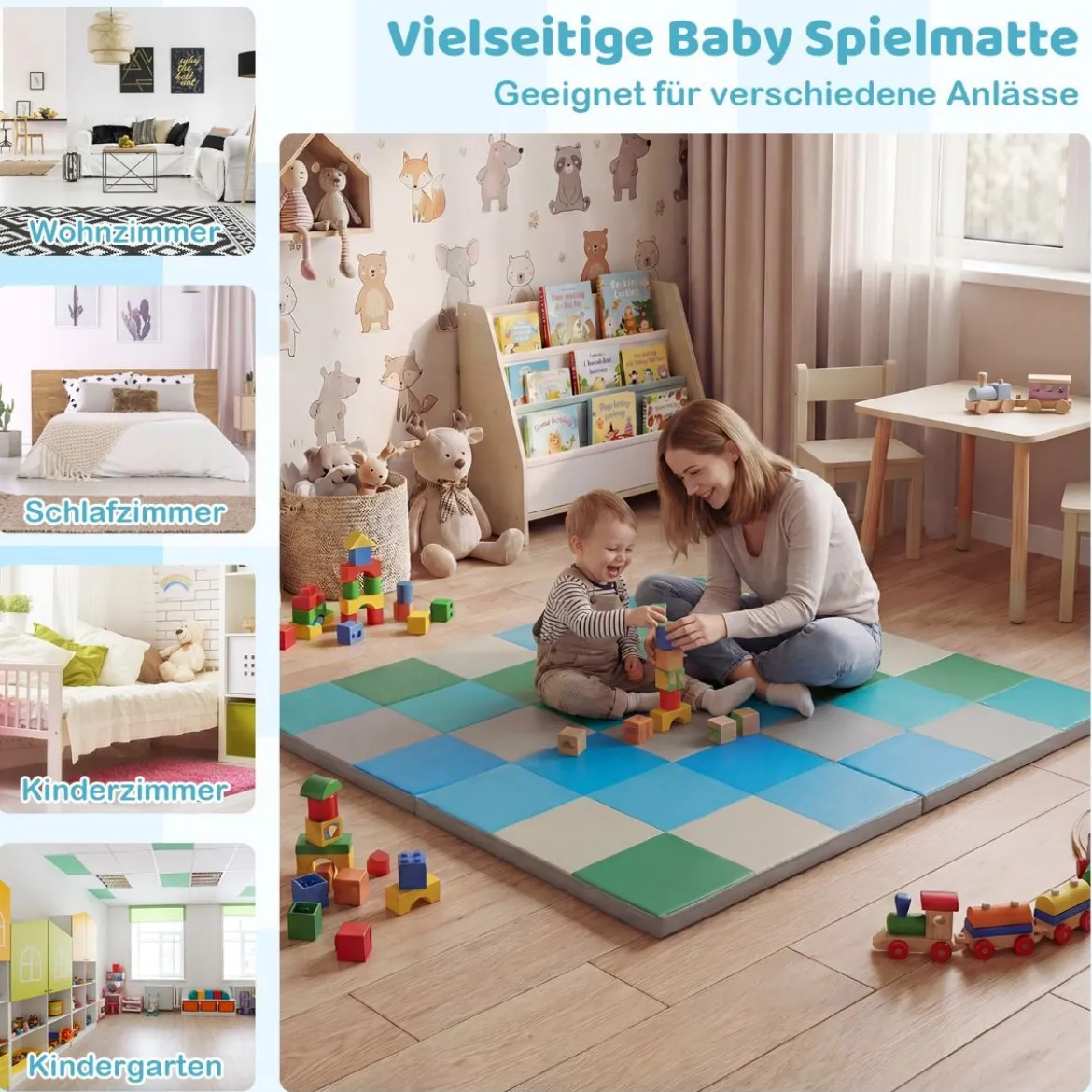 2 tlg. Baby Faltbare Krabblematte mit Kletterverschluss & Kunstleder Bodenmatte & Schaumstoff Blau