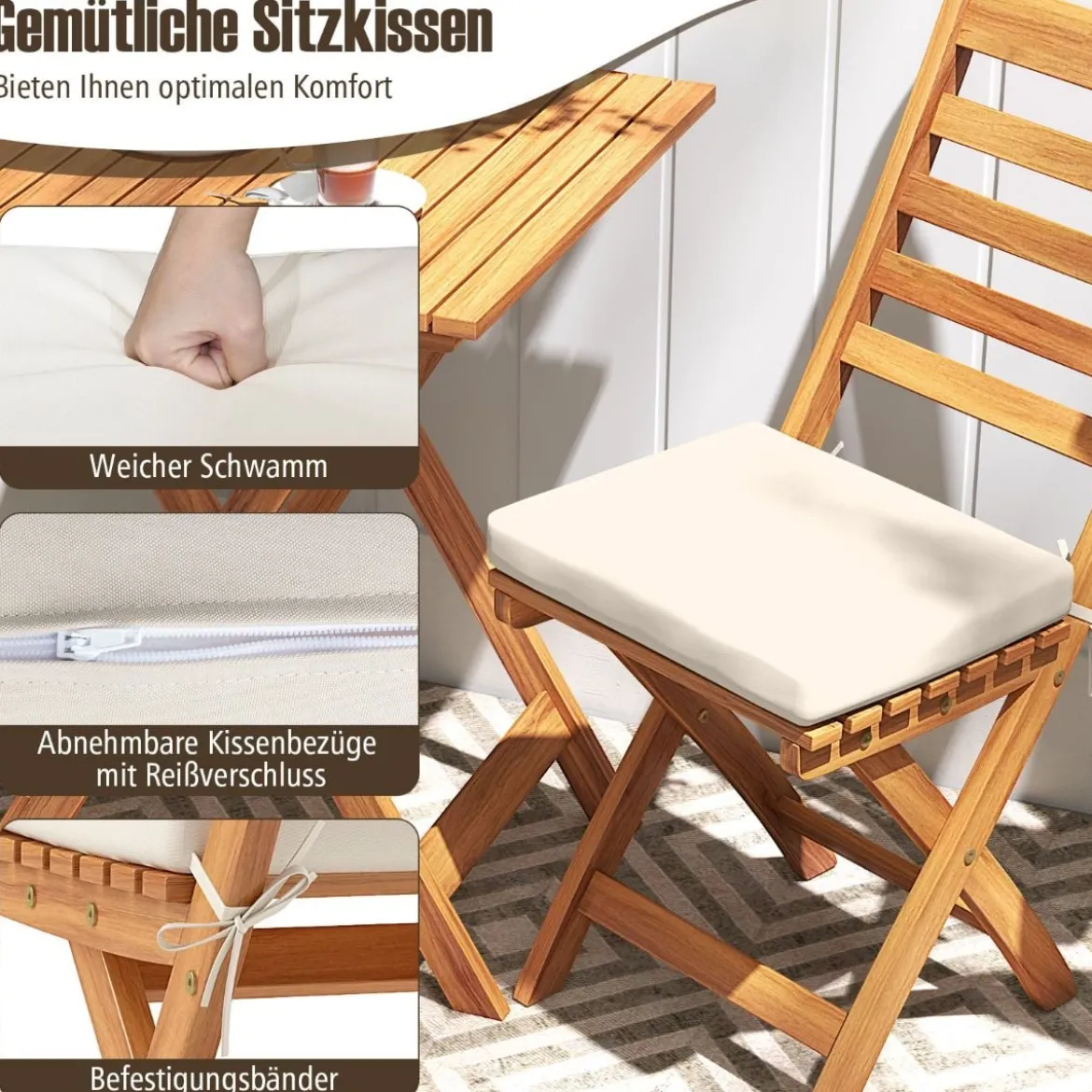 3tlg. Balkonmöbel Set Bistrotisch mit 2 Stühlen klappbares Balkonset aus Akazienholz mit 2 Kissen Cremeweiß (Horizontal)