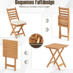 3tlg. Balkonmöbel Set Bistrotisch mit 2 Stühlen klappbares Balkonset aus Akazienholz mit 2 Kissen Cremeweiß (Horizontal)