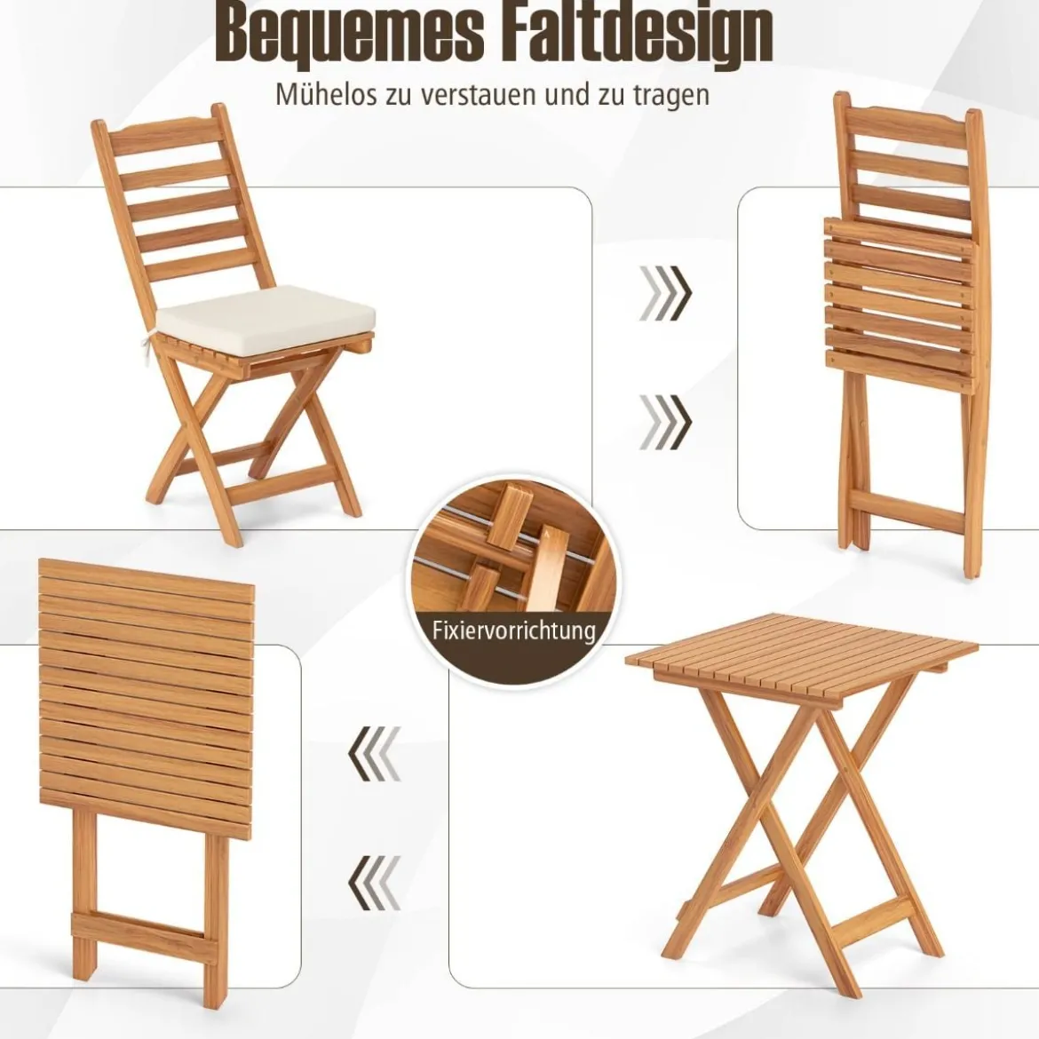 3tlg. Balkonmöbel Set Bistrotisch mit 2 Stühlen klappbares Balkonset aus Akazienholz mit 2 Kissen Cremeweiß (Horizontal)