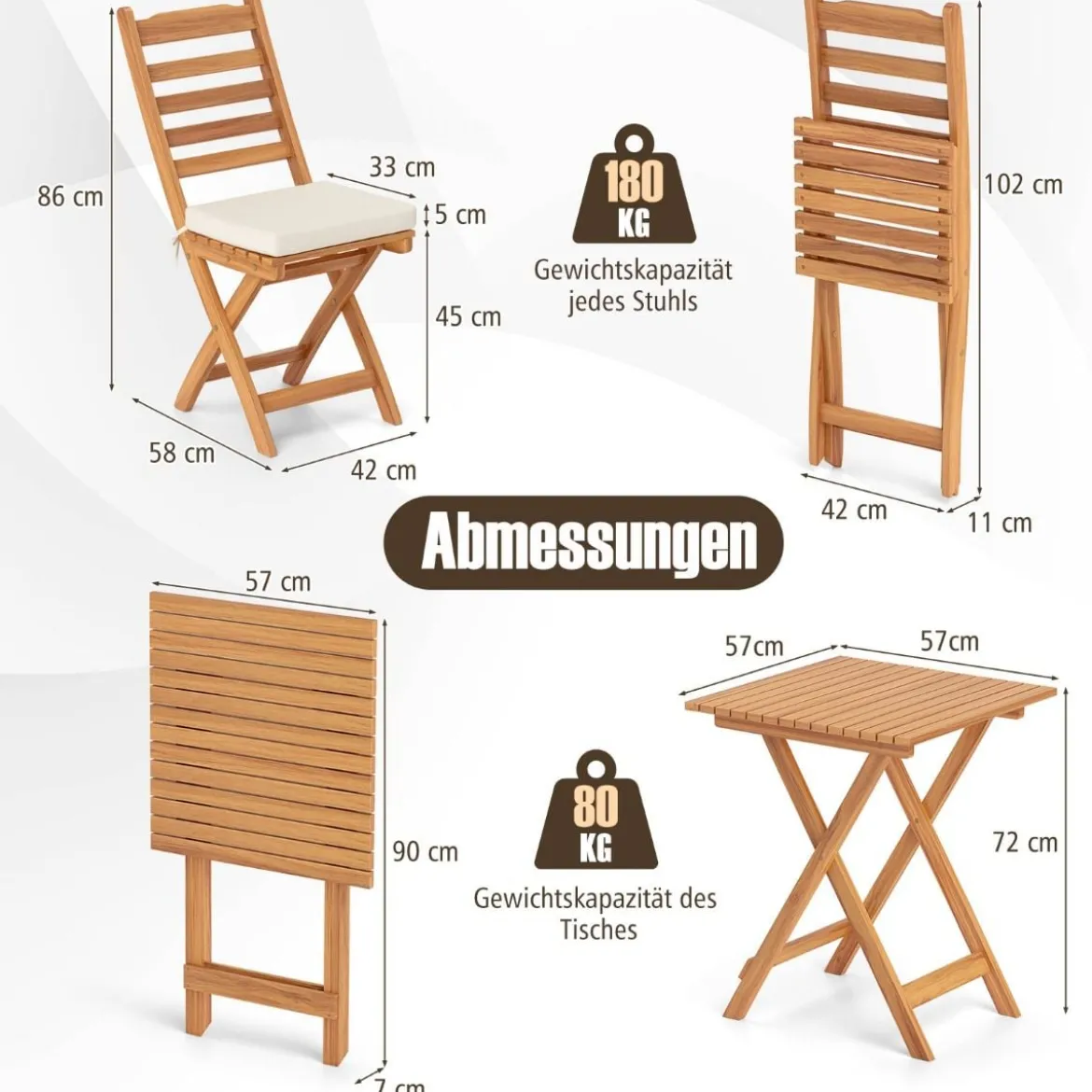 3tlg. Balkonmöbel Set Bistrotisch mit 2 Stühlen klappbares Balkonset aus Akazienholz mit 2 Kissen Cremeweiß (Horizontal)