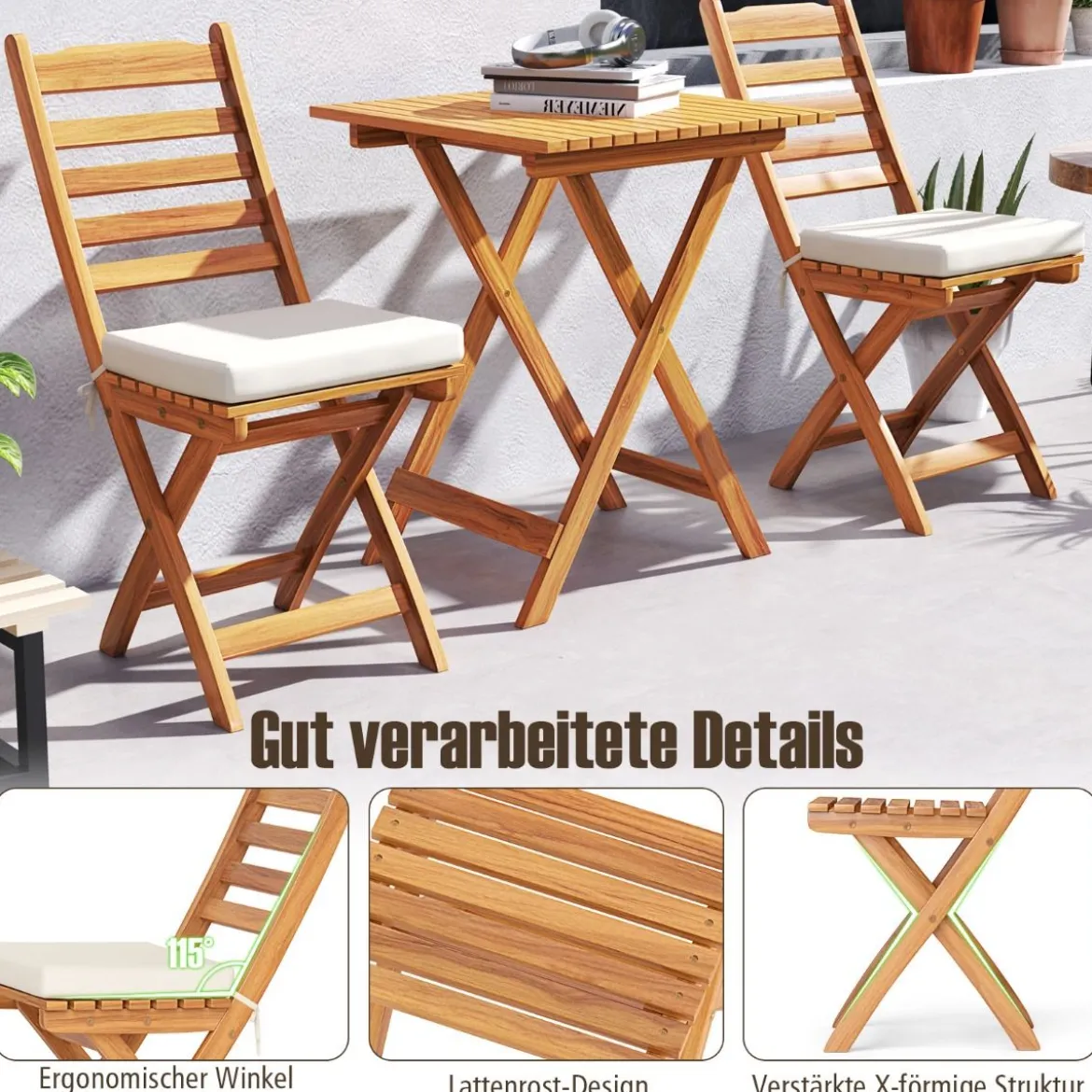 3tlg. Balkonmöbel Set Bistrotisch mit 2 Stühlen klappbares Balkonset aus Akazienholz mit 2 Kissen Cremeweiß (Horizontal)