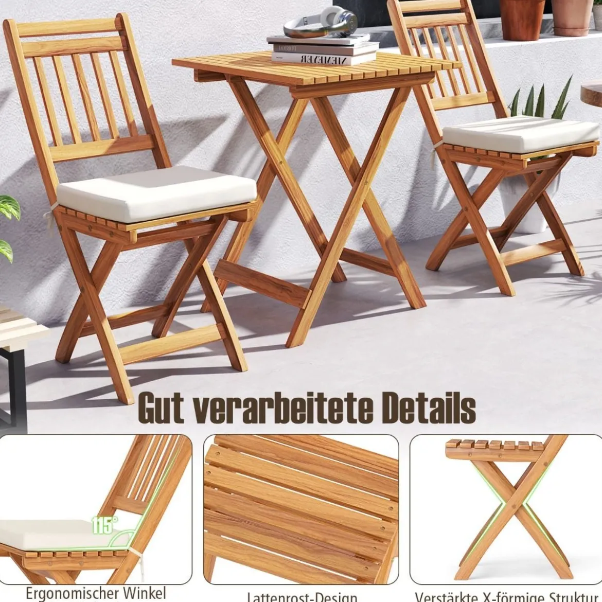 3tlg. Balkonmöbel Set Bistrotisch mit 2 Stühlen klappbares Balkonset aus Akazienholz mit 2 Kissen Cremeweiß (Vertikal)