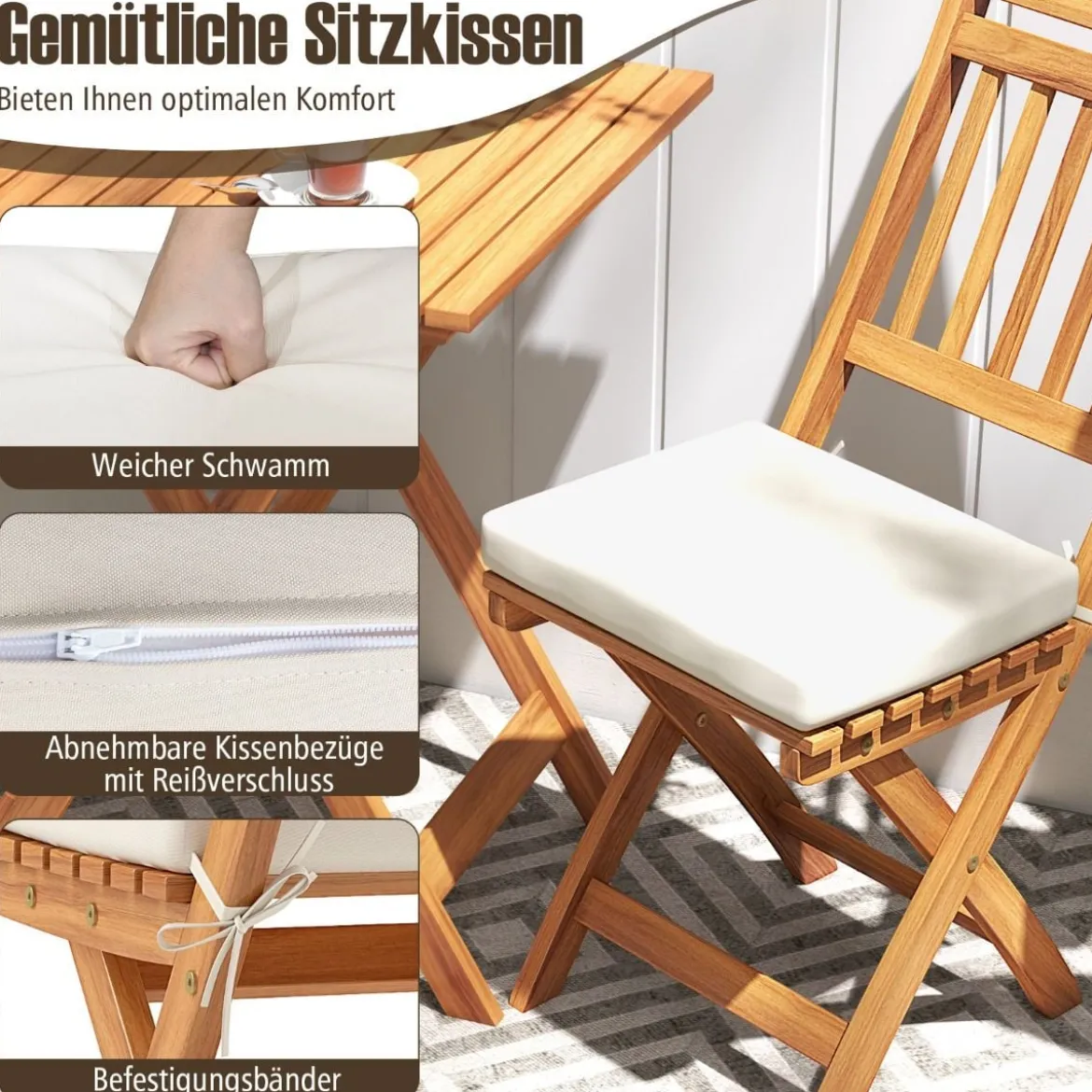 3tlg. Balkonmöbel Set Bistrotisch mit 2 Stühlen klappbares Balkonset aus Akazienholz mit 2 Kissen Cremeweiß (Vertikal)