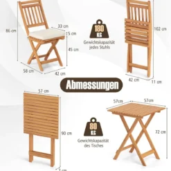 3tlg. Balkonmöbel Set Bistrotisch mit 2 Stühlen klappbares Balkonset aus Akazienholz mit 2 Kissen Cremeweiß (Vertikal)