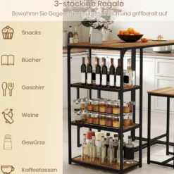 3 tlg. Bartisch Set für 2 Personen Bistrotisch mit 2 Barhockern Esstisch mit 3 Ablagefächer Küchentisch