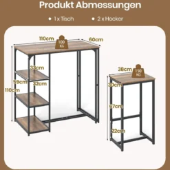 3 tlg. Bartisch Set für 2 Personen Bistrotisch mit 2 Barhockern Esstisch mit 3 Ablagefächer Küchentisch
