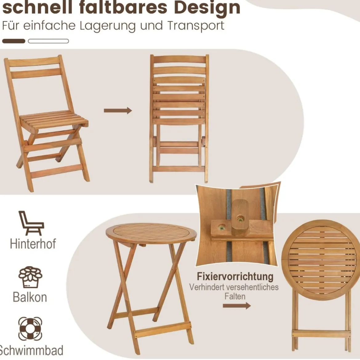 3tlg. Bistroset aus Holz mit Stabilem Akazienholzrahmen & Latten-Sitzfläche & Tischplatte