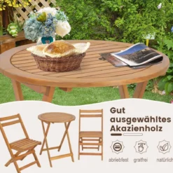 3tlg. Bistroset aus Holz mit Stabilem Akazienholzrahmen & Latten-Sitzfläche & Tischplatte