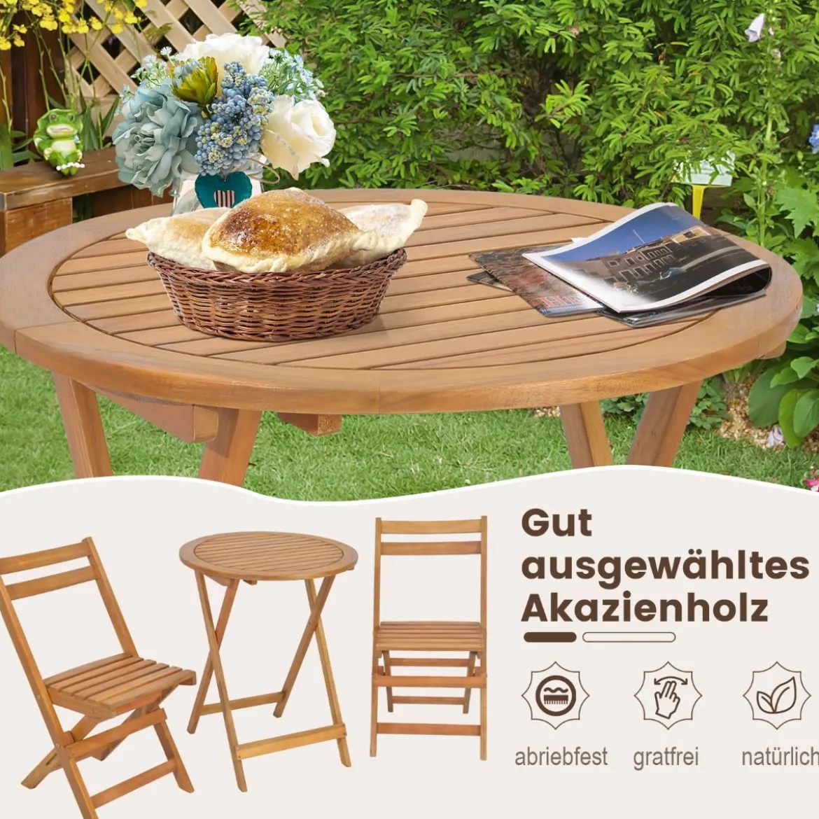 3tlg. Bistroset aus Holz mit Stabilem Akazienholzrahmen & Latten-Sitzfläche & Tischplatte