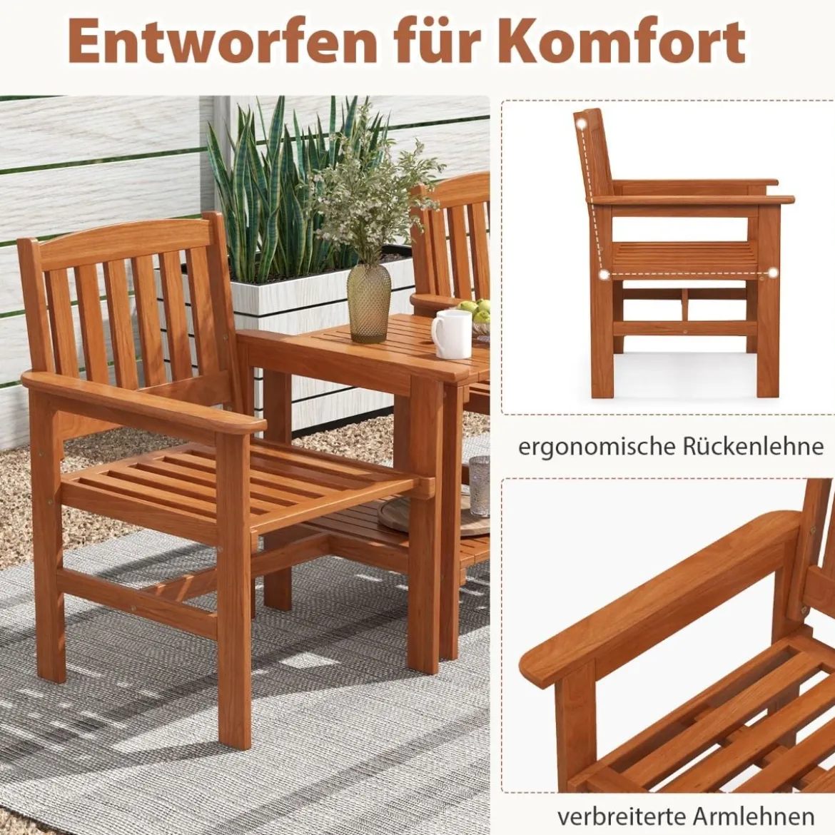 3-tlg Bistro-Set aus Holz mit 2 Stühlen & Tisch & Loch für Sonnenschirm Sitzgarnitur Sitzgruppe