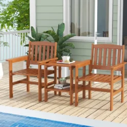 3-tlg Bistro-Set aus Holz mit 2 Stühlen & Tisch & Loch für Sonnenschirm Sitzgarnitur Sitzgruppe