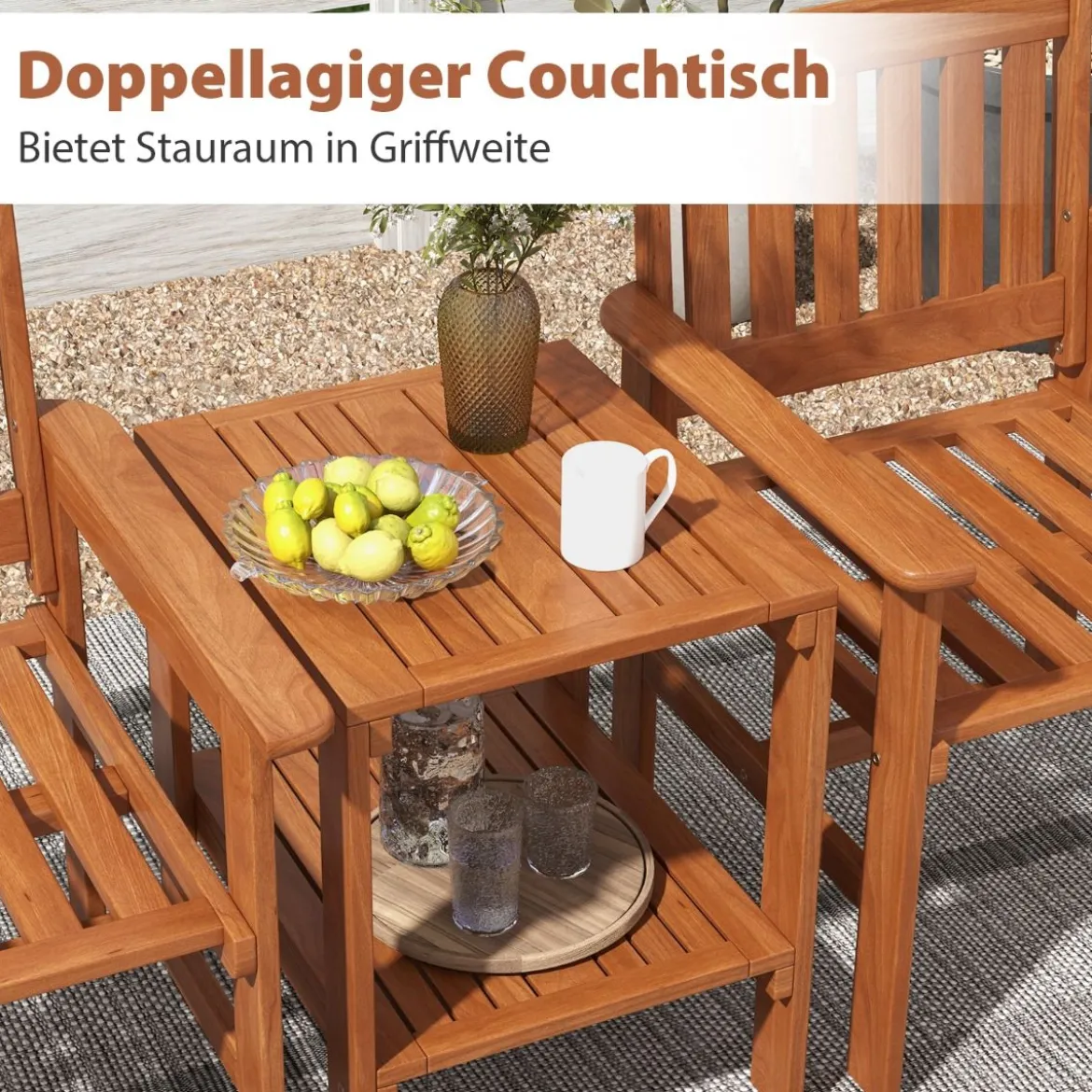 3-tlg Bistro-Set aus Holz mit 2 Stühlen & Tisch & Loch für Sonnenschirm Sitzgarnitur Sitzgruppe