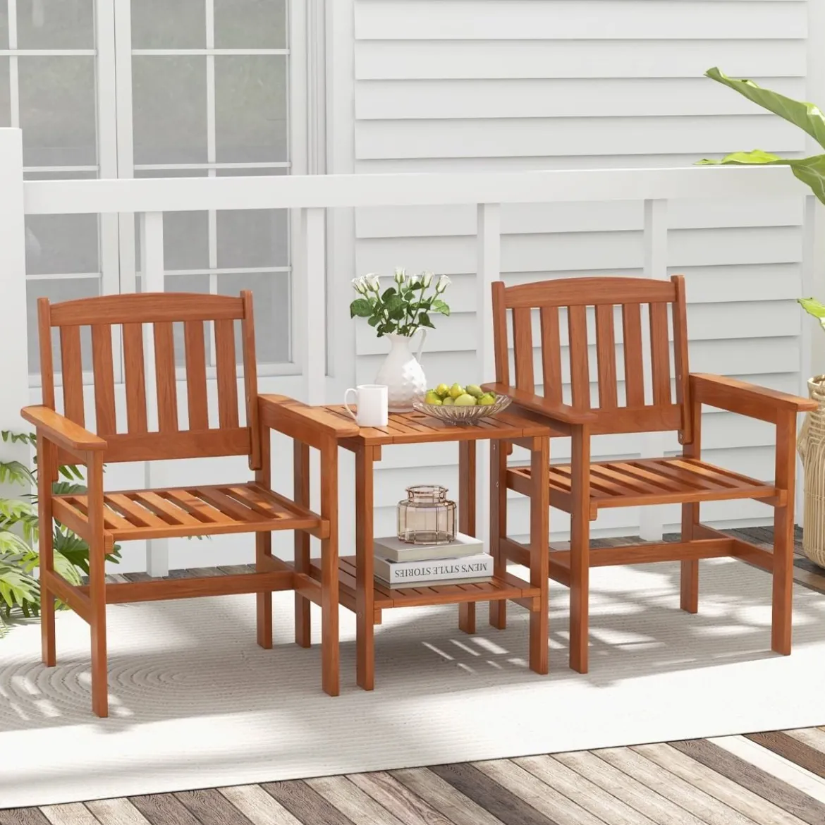 3-tlg Bistro-Set aus Holz mit 2 Stühlen & Tisch & Loch für Sonnenschirm Sitzgarnitur Sitzgruppe
