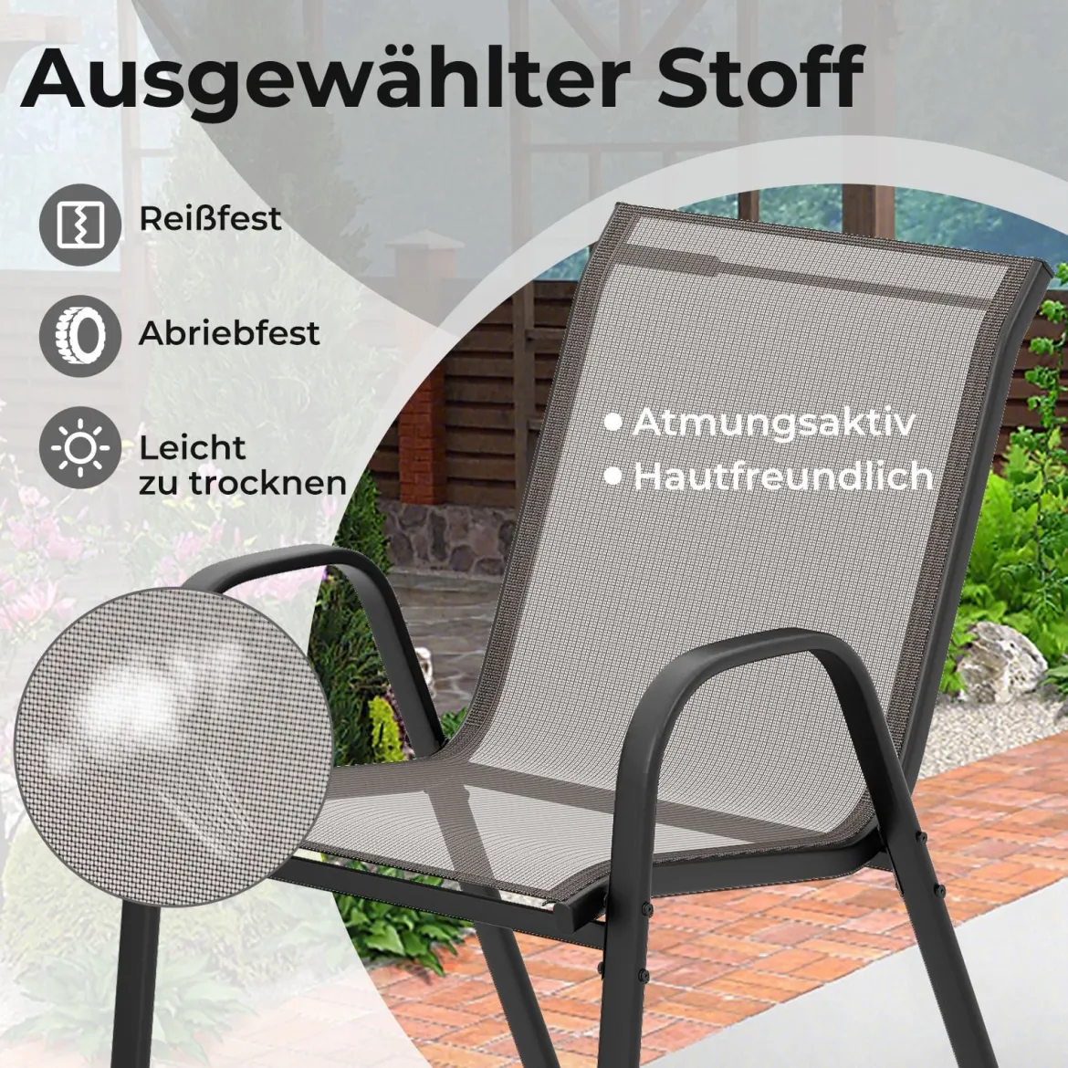 3-tlg. Bistro-Set für draußen runder Beistelltisch mit 2 stapelbaren Stühlen Sitzgruppe mit Tischplatte Grau