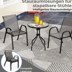 3-tlg. Bistro-Set für draußen runder Beistelltisch mit 2 stapelbaren Stühlen Sitzgruppe mit Tischplatte Grau