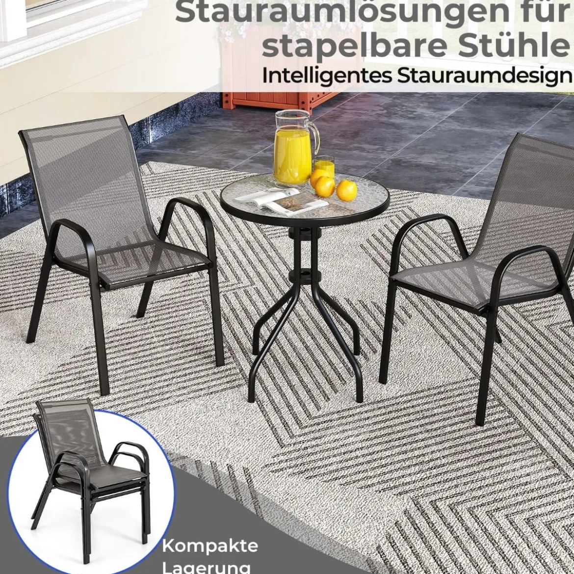 3-tlg. Bistro-Set für draußen runder Beistelltisch mit 2 stapelbaren Stühlen Sitzgruppe mit Tischplatte Grau