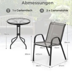 3-tlg. Bistro-Set für draußen runder Beistelltisch mit 2 stapelbaren Stühlen Sitzgruppe mit Tischplatte Grau