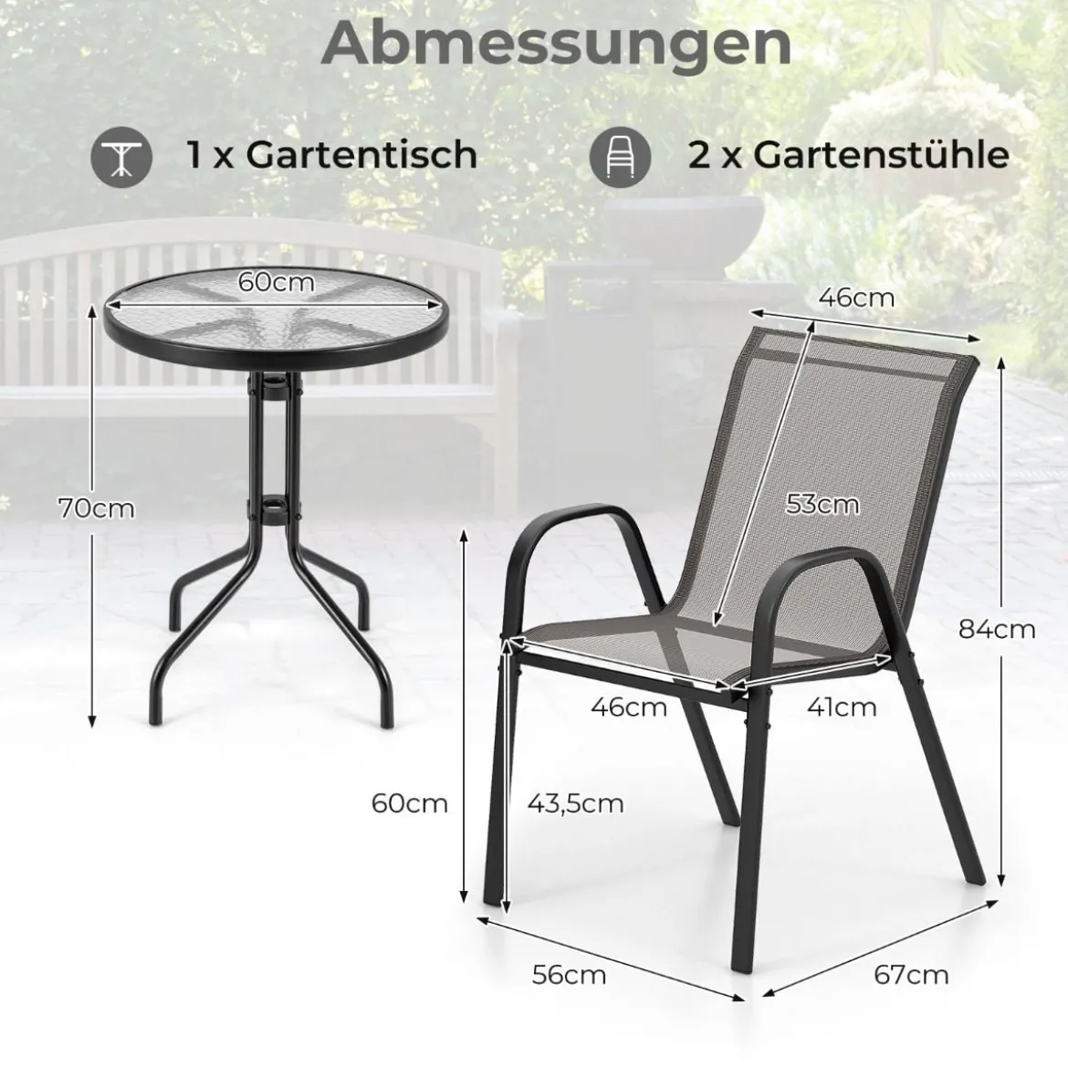 3-tlg. Bistro-Set für draußen runder Beistelltisch mit 2 stapelbaren Stühlen Sitzgruppe mit Tischplatte Grau