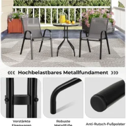 3-tlg. Bistro-Set für draußen runder Beistelltisch mit 2 stapelbaren Stühlen Sitzgruppe mit Tischplatte Grau