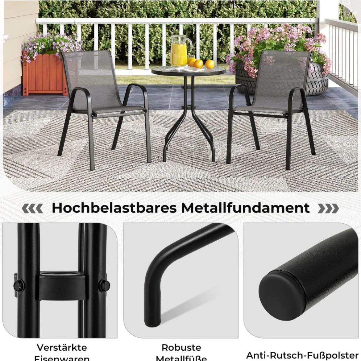 3-tlg. Bistro-Set für draußen runder Beistelltisch mit 2 stapelbaren Stühlen Sitzgruppe mit Tischplatte Grau