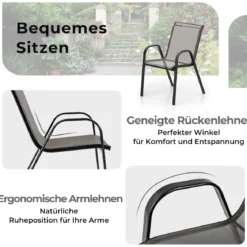 3-tlg. Bistro-Set für draußen runder Beistelltisch mit 2 stapelbaren Stühlen Sitzgruppe mit Tischplatte Grau