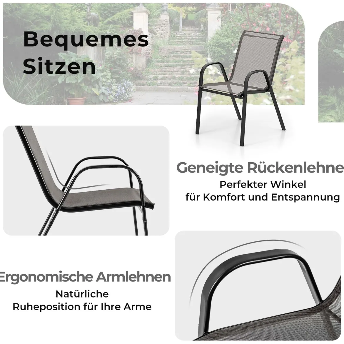3-tlg. Bistro-Set für draußen runder Beistelltisch mit 2 stapelbaren Stühlen Sitzgruppe mit Tischplatte Grau