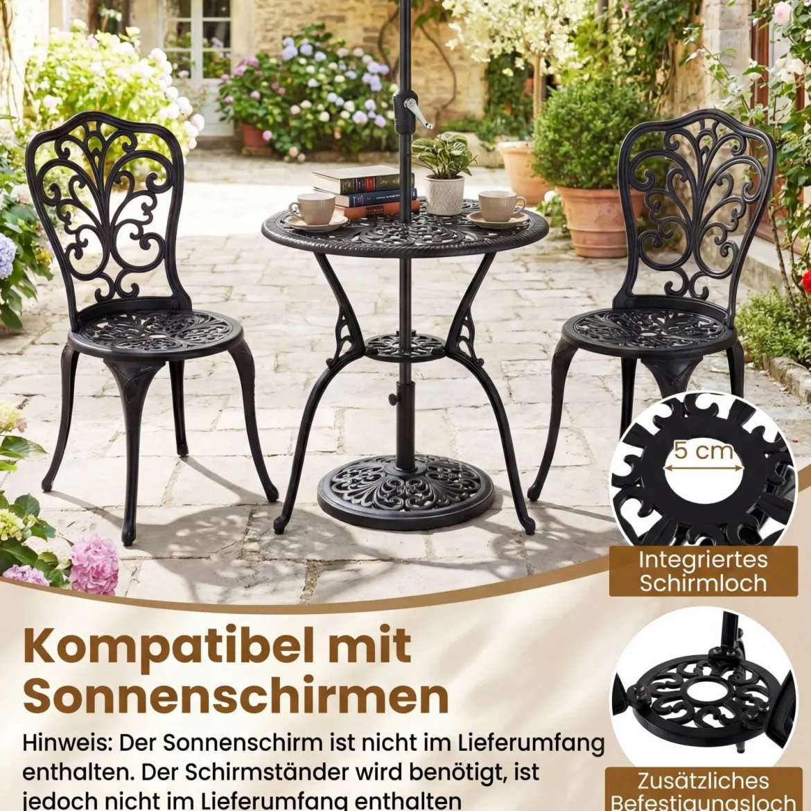 3 tlg. Bistroset inkl. Bistrotisch & 2 Stühle Gartengarnitur aus Aluminiumguss Sitzgruppe Balkonset