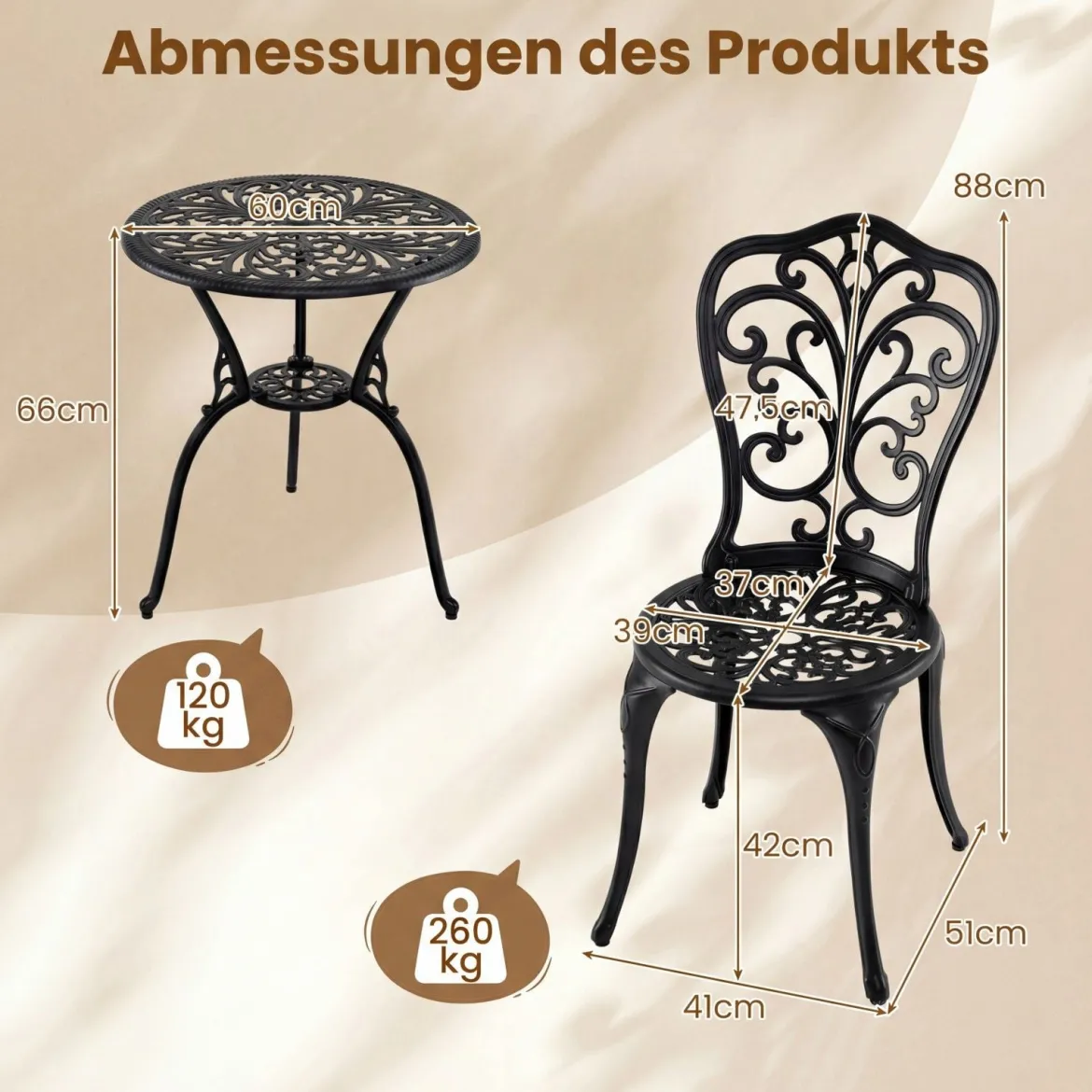 3 tlg. Bistroset inkl. Bistrotisch & 2 Stühle Gartengarnitur aus Aluminiumguss Sitzgruppe Balkonset