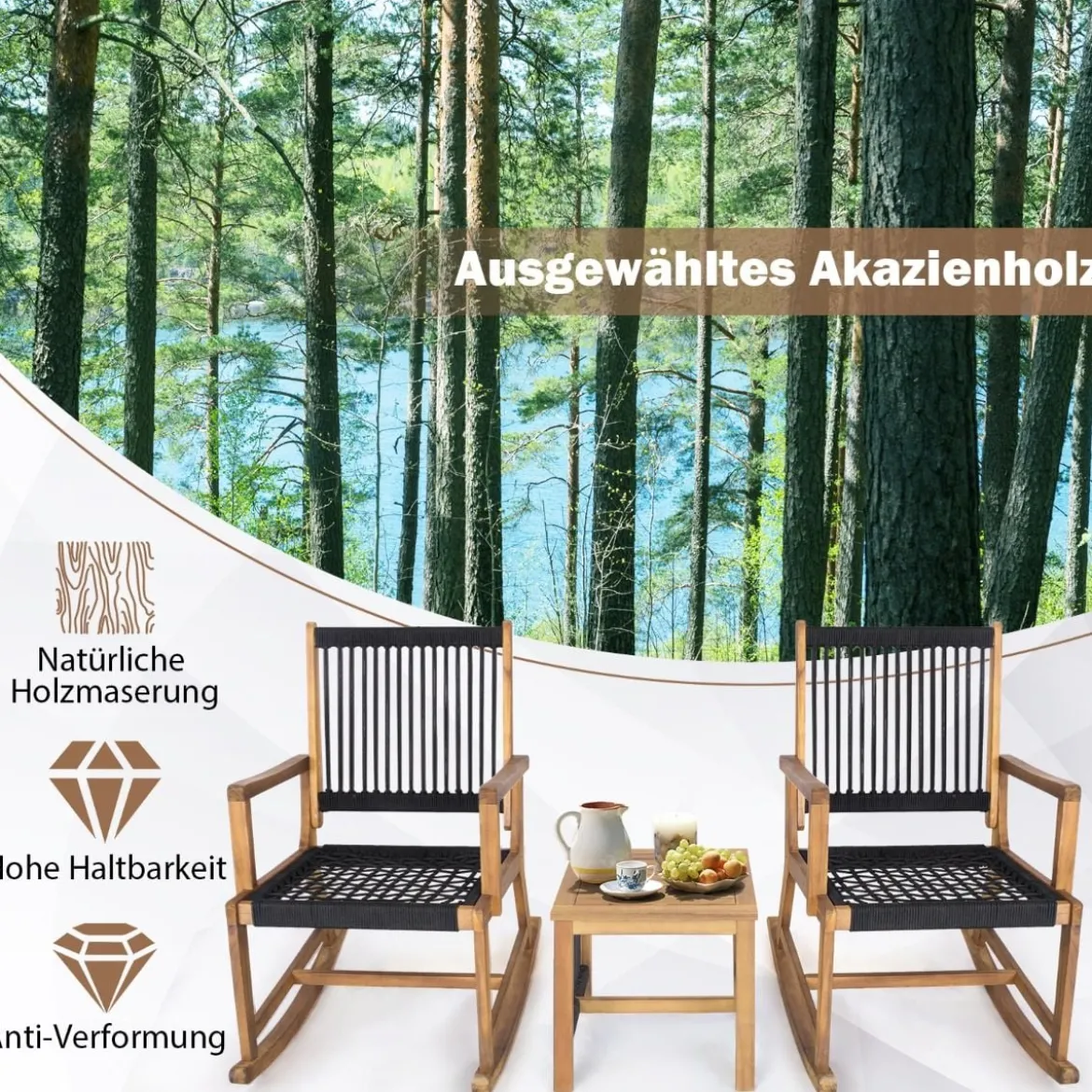 3tlg. Bistroset 2 Schaukelstühlen & Beistelltisch aus Akazienholz Balkonset Sitzgarnitur