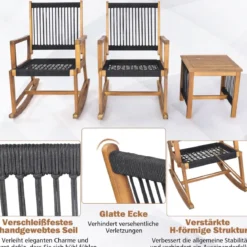 3tlg. Bistroset 2 Schaukelstühlen & Beistelltisch aus Akazienholz Balkonset Sitzgarnitur