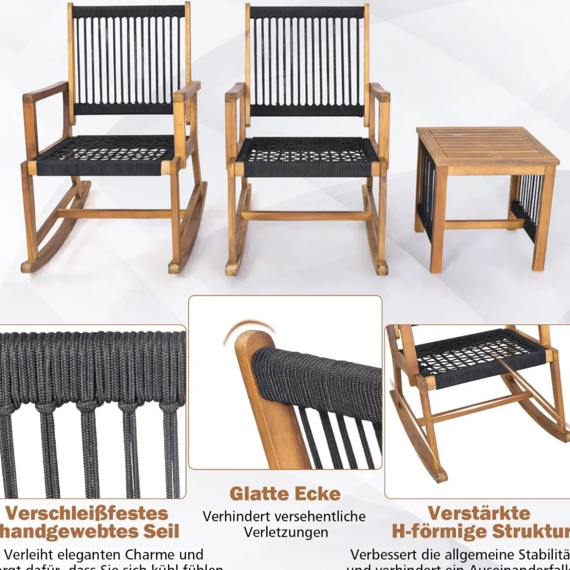 3tlg. Bistroset 2 Schaukelstühlen & Beistelltisch aus Akazienholz Balkonset Sitzgarnitur