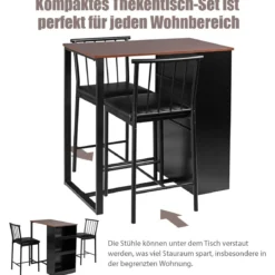 3 TLG. Esstisch Set Essgruppe mit 2 Gepolsterten Stühlen Thekentisch mit 3 Seitenregalen Industriell
