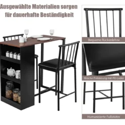 3 TLG. Esstisch Set Essgruppe mit 2 Gepolsterten Stühlen Thekentisch mit 3 Seitenregalen Industriell