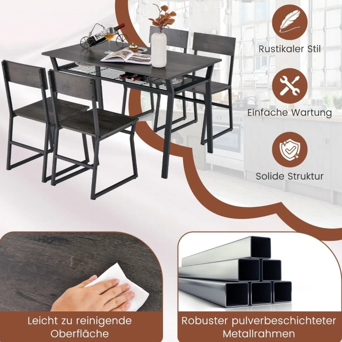 5 tlg. Esstisch Set Küchentisch mit 4 Stühlen & Regal Industrie Essgruppe Sitzgruppe Grau