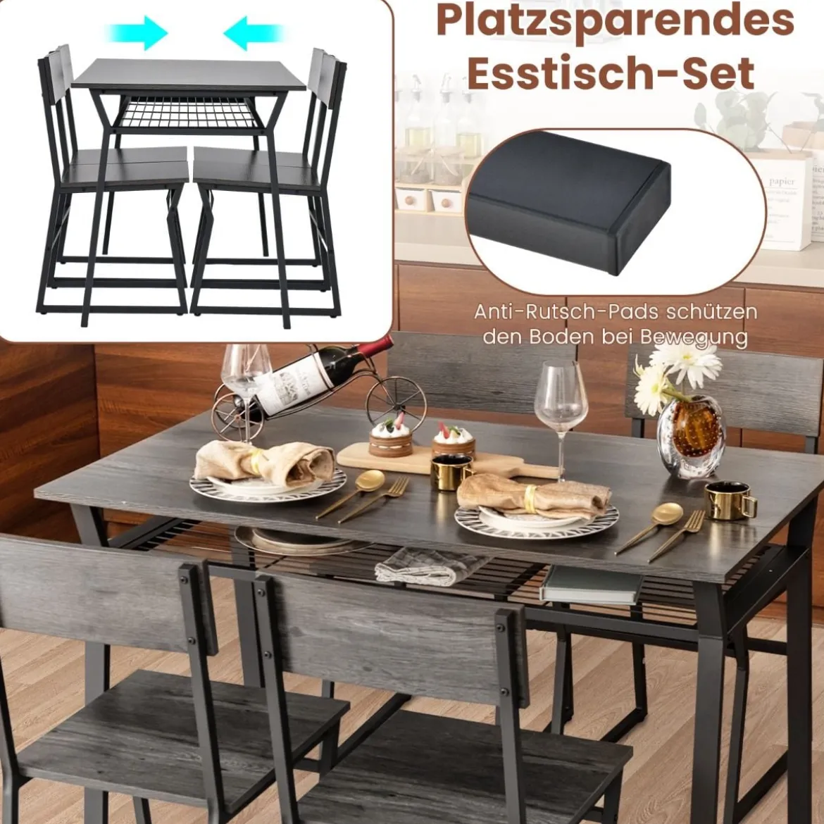 5 tlg. Esstisch Set Küchentisch mit 4 Stühlen & Regal Industrie Essgruppe Sitzgruppe Grau
