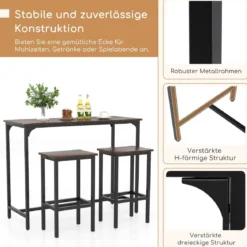 3 TLG. Esstischset mit Stehtisch & 2 Hockern Industrieller Küchentisch in Thekenhöhe Sitzgarnitur