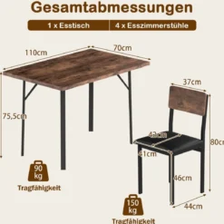 5 tlg. Esszimmer-Set für 4 Personen Industrieller Küchentisch & 4 Kunstleder Polsterstühle