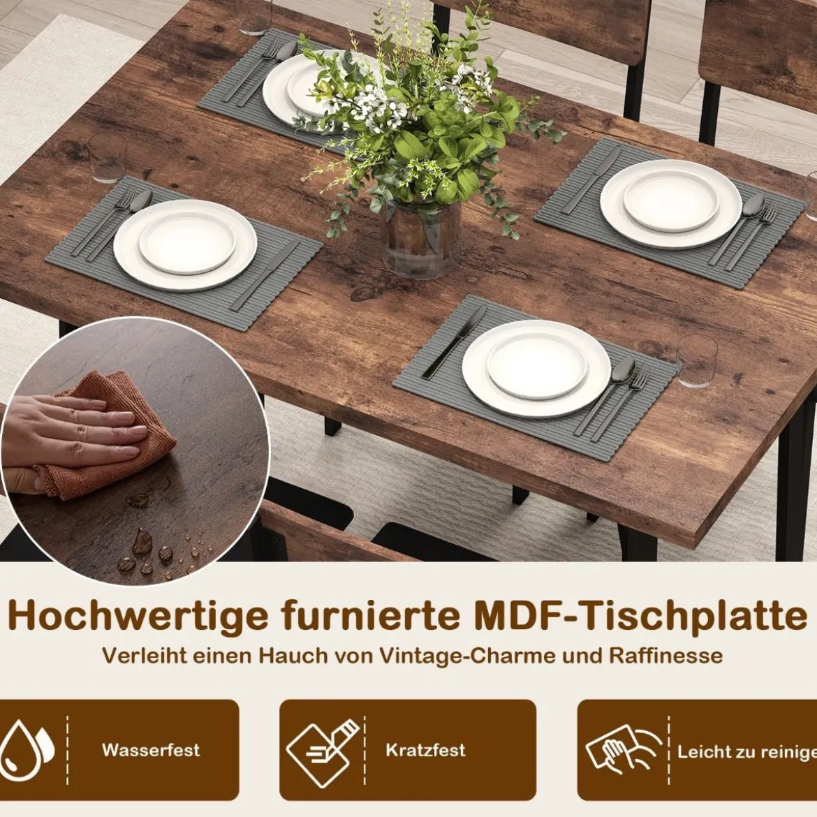 5 tlg. Esszimmer-Set für 4 Personen Industrieller Küchentisch & 4 Kunstleder Polsterstühle