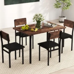 5 tlg. Esszimmer-Set für 4 Personen Industrieller Küchentisch & 4 Kunstleder Polsterstühle