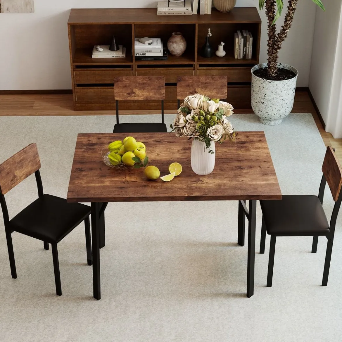 5 tlg. Esszimmer-Set für 4 Personen Industrieller Küchentisch & 4 Kunstleder Polsterstühle