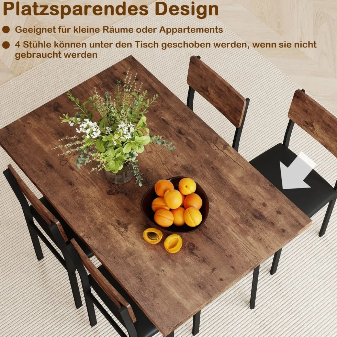 5 tlg. Esszimmer-Set für 4 Personen Industrieller Küchentisch & 4 Kunstleder Polsterstühle