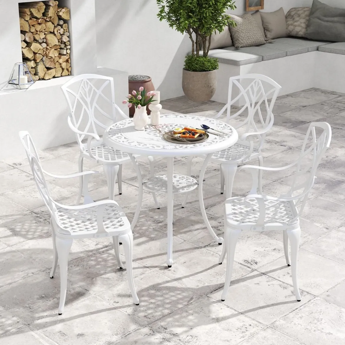 5-TLG. Gartenmöbel Set aus Aluminiumguss inkl. 4 Stühle & 1 Tisch mit Schirmloch Gartengarnitur