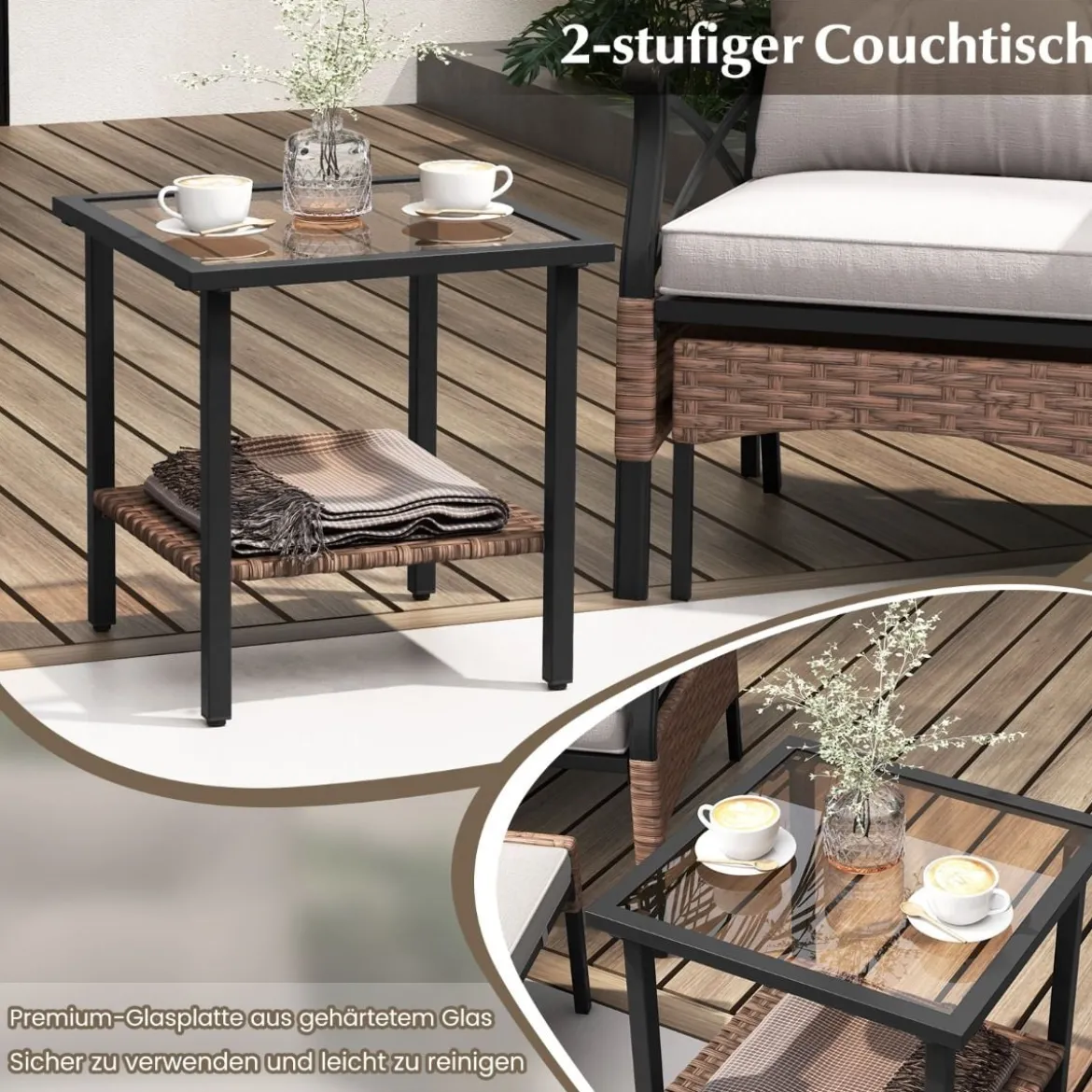 5tlg. Gartenmöbel Set aus PE-Polyrattan inkl. Hocker & Tisch & 2 Stühle mit Kissen Balkonset