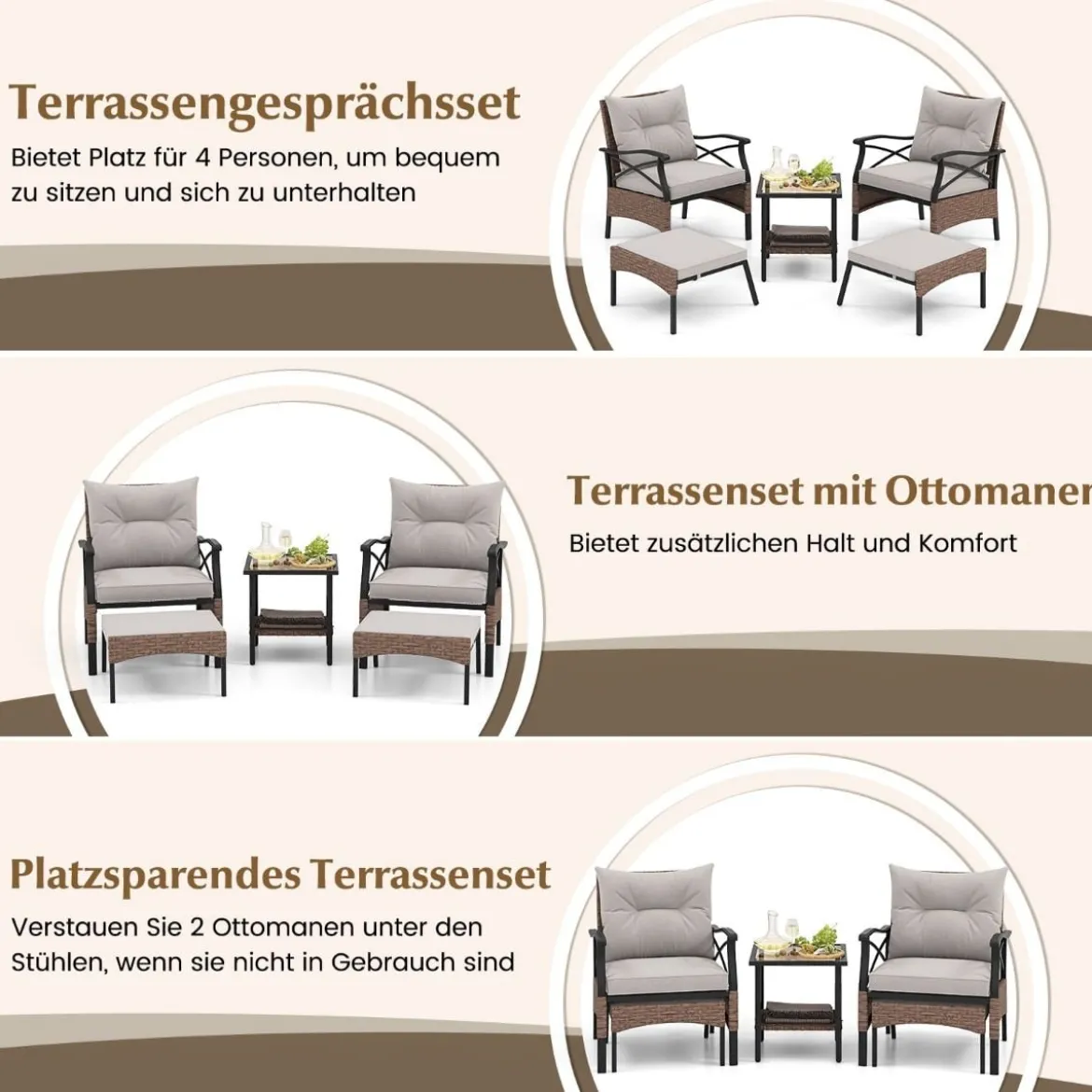 5tlg. Gartenmöbel Set aus PE-Polyrattan inkl. Hocker & Tisch & 2 Stühle mit Kissen Balkonset